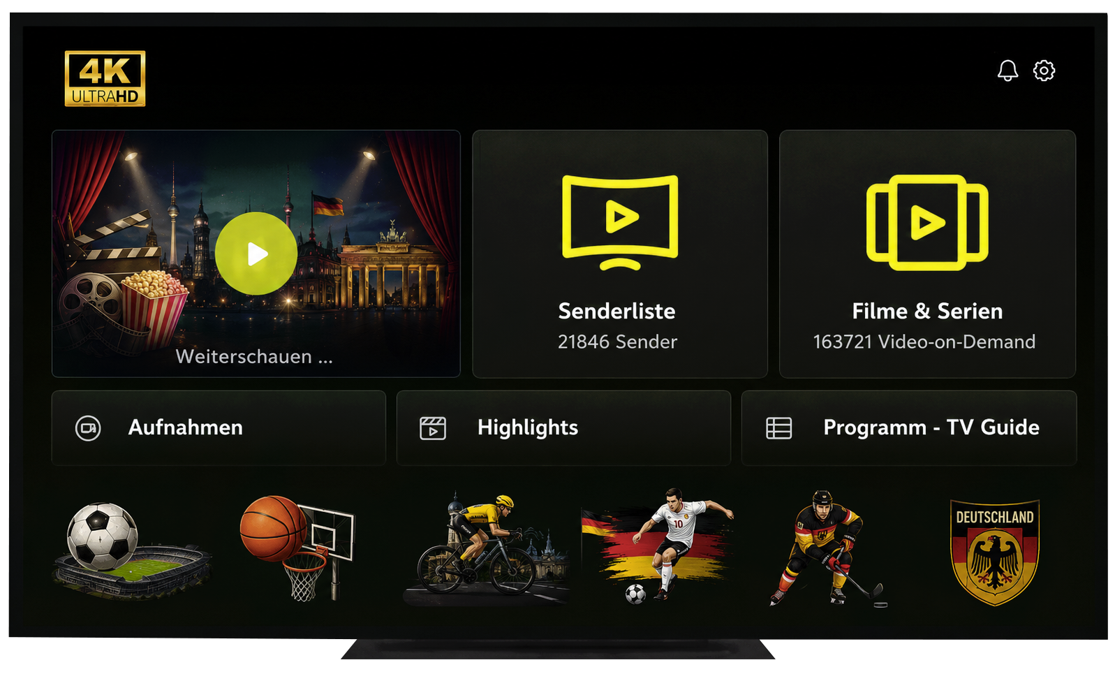 IPTV Sender Dashboard mit 45.000+ Kanälen und 4K Qualität